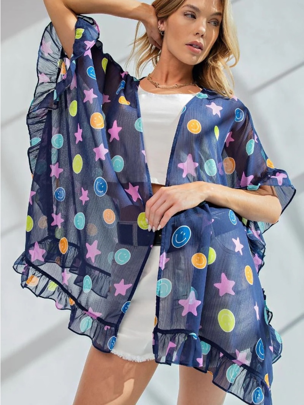 😊💙⭐️🩷EASEL Navy Sheer Ruffled Kimono Bright Smiley/Stars SZ Medium (Oversized) - Picture 8 of 8